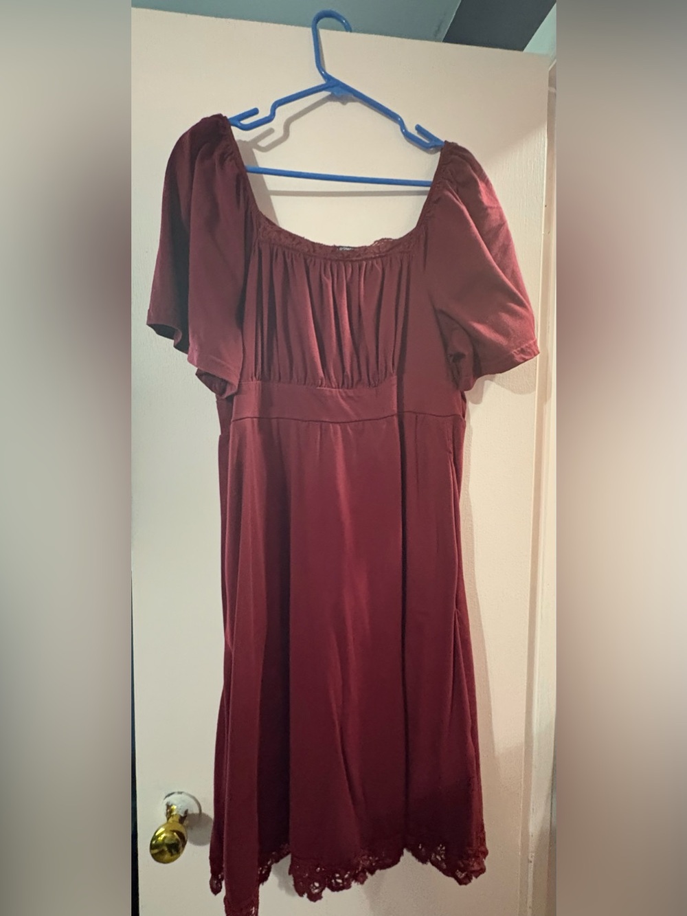 BloomChic Burgundy Midi Dress with Lace Hem